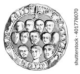 Seal of the municipal assembly of Meulan in 1195, vintage engraved illustration. Magasin Pittoresque 1861.
