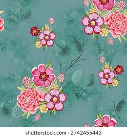 seamleass repeat pattern new flowers allover patten leaf for saree suit dupatta.
