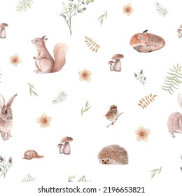 Seamles Pattern Woodland Animals, Watercolor Squirrel, Sparrow, Fox, Rabbit, Snail, Hedgehog For Nursery, Wallpaper, Fabric, Textiel, Autumn Colors, White Background