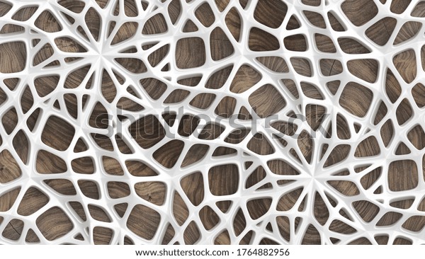 Realistic stylized white grid on a wood wall seamless 3D wallpaper 
