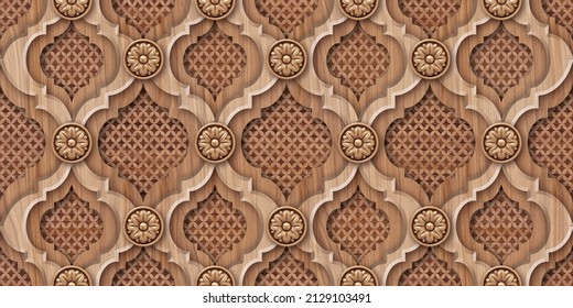 Seamless 3D wooden carving tile with Islam, Arabic, Indian, ottoman motifs. Majolica pottery tile. Portuguese and Spain decor. Ceramic tile.