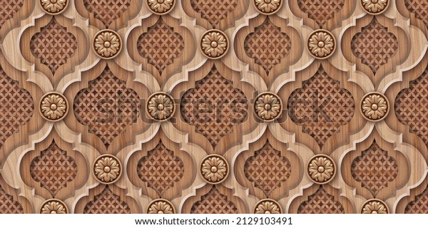 Seamless 3D wooden carving tile with Islam, Arabic, Indian, ottoman motifs. Majolica pottery tile. Portuguese and Spain decor. High resolution image for wallpaper customization. 