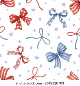 Seamless 4th of July bow pattern with red, blue, and white stars and stripes – bold watercolor design perfect for party decor, fabric, or patriotic crafts