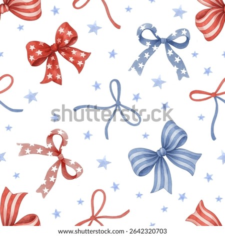 Seamless 4th of July bow pattern with red, blue, and white stars and stripes – bold watercolor design perfect for party decor, fabric, or patriotic crafts