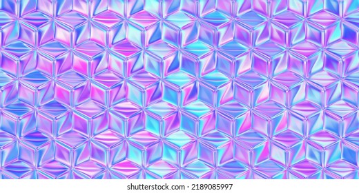 Seamless 80s holographic pink   blue plastic jelly plexiglass isometric square geometric cubes background texture  Iridescent abstract neon webpunk vaporwave aesthetic surreal pattern  3D rendering