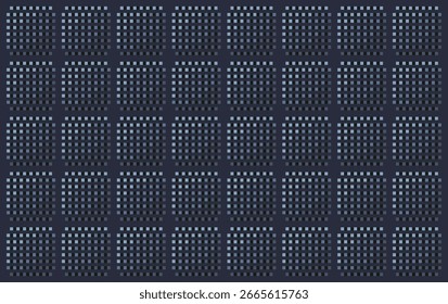 A seamless 8-bit pixel art background featuring a pattern of dark blue squares filled with a grid of lighter blue dots. Ideal for a retro-tech aesthetic, digital user interfaces, game asset, tiles set
