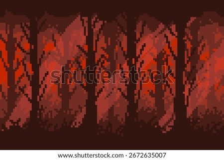 A seamless 8-bit pixel art forest background featuring a row of silhouetted trees in dark red, maroon, and black. This stylized landscape is ideal for a retro game design, fantasy, or horror theme.