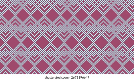 A seamless 8-bit pixel art pattern inspired by traditional embroidery or weaving, repeating geometric diamonds with burgundy and light blue color scheme.Ideal for a retro design, wallpaper, background