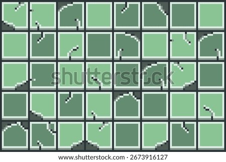 A seamless 8-bit pixel art texture featuring a broken tile floor or wall with cracked and missing pieces. The teal and green color scheme is ideal for a retro game environment or a classic background.
