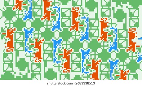 Seamless 8-bit pixel geometric pattern in red, blue, and green color combinations. Perfect for retro wallpapers, textiles, game backgrounds, or graphic design projects with a classic pixel art theme. 