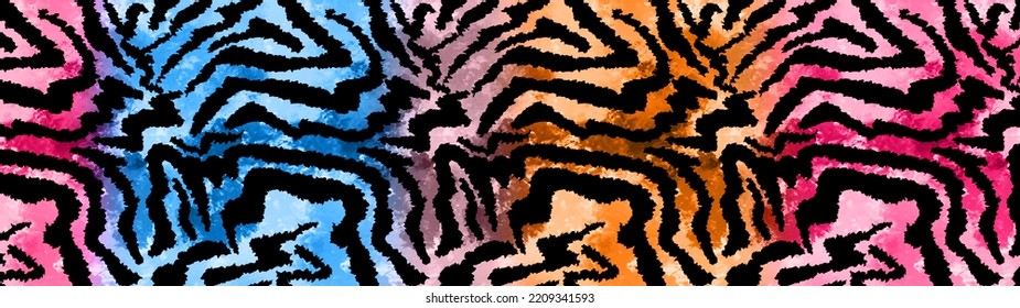 Seamless Abstract 160 cm Pleated Horizontal Degrade Ombre Pattern with Wavy Zebra Tiger Stripes  Animal Skin Blurred Tie Dye Background