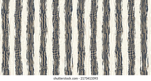 Seamless Abstract African Safari Zebra And Tiger Stripes Kintsugi Background Pattern. Contemporary Geometric Tribal Vertical Pin Stripe Motif Ripped Fabric Collage In Navy, Beige, Brown, And White.
