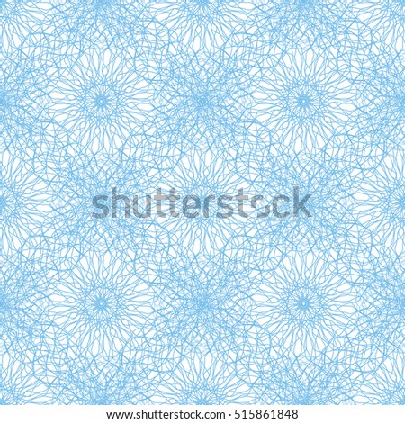 Seamless abstract background pattern with blue guilloche ornament on white background.