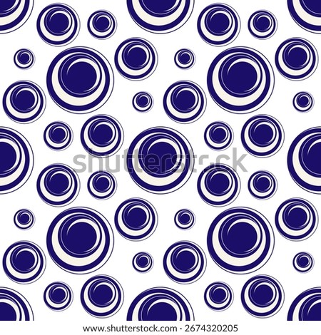 Seamless abstract circle pattern with blue concentric rings on white background. Perfect for wallpaper, textile, wrapping paper, modern decoration, and graphic design.