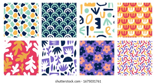 Seamless Abstract Color Shapes Patterns. Modern Art Geometric Stamp Shape, Colorful Scribble Poster And Scribble Hand Drawn Objects On Grid Pattern  Set. Creative Wallpaper, Textile Design