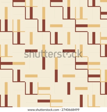 Seamless abstract composition with a cream background and brown tan rectilinear bars arranged in an overlapping grid with scattered lines.