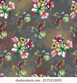 seamless abstract digital flowers pattern design with abstract bright background texture 