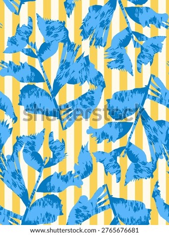 Seamless Abstract Floral Pattern with Blue Botanical Silhouettes on Yellow Stripes Background