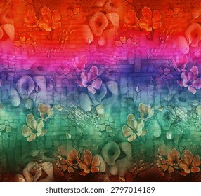 Seamless Abstract Floral Pattern on Colorful Textured Gradient Background with Brick Wall Overlay ( captain design )
