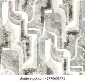 Seamless abstract geometric pattern with botanical leaf motifs and jagged white lines on a textured neutral background. Modern organic camouflage design for textile, wallpaper, and backdrop.
Contemporary earthy-toned seamless pattern featuring overlapping autumn leaves and stylized lightning shapes. Artistic fusion of nature and geometry for modern interior decor and fashion.
seamless abstract pattern.