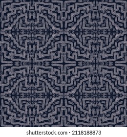 Seamless abstract geometric pattern. Dark blue, grey. Lines, dots, swirls ornament. Brush strokes texture. Illustration. Design for textile fabrics, wrapping paper, background, wallpaper, cover.