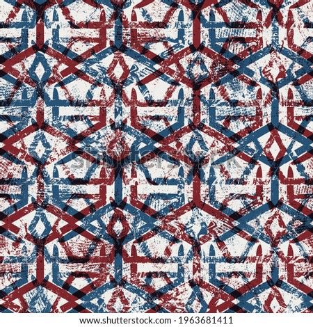 Seamless abstract geometric pattern in flat red blue black white. High quality illustration. Abstract design of red and blue overlaid to form a modern attractive abstract seamless surface design.