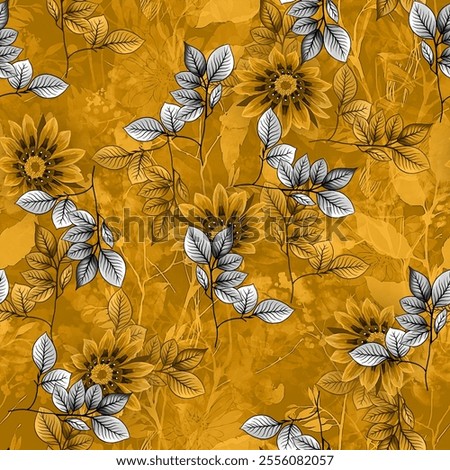 seamless abstract leaf allover pattern with abstract floral texture yellow background 