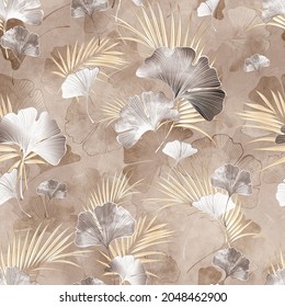 seamless abstract modern pattern with gold ginkgo leaves and tropical palm leaves on textured grunge background