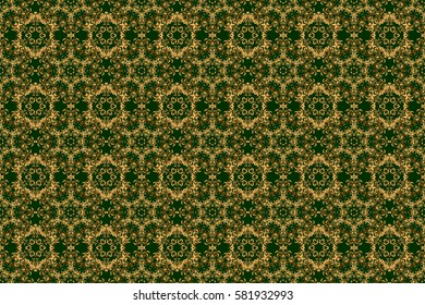 Seamless abstract modern pattern on a green backdrop. Green and golden seamless pattern. Geometric repeating raster ornament with golden elements.