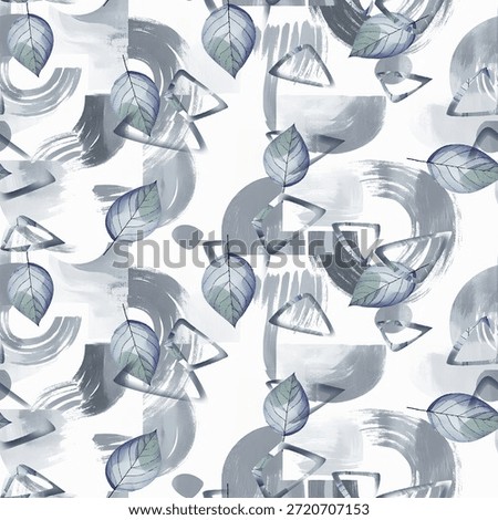 A seamless abstract pattern featuring blue and white brushstrokes forming geometric shapes like circles, squares, and arcs.