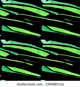 Seamless abstract pattern. Green geometric shapes on a black background. Contrasting rhythmic ornament with corn leaves.