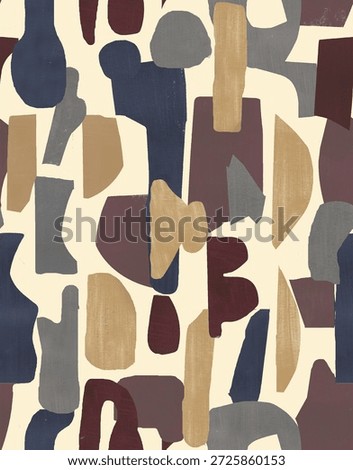 Seamless abstract pattern with hand-painted organic geometric shapes,
Modern earth tone geometric shapes seamless background for textile,
Artistic collage-style pattern with irregular muted color blocks,
Contemporary abstract vector pattern for wallpaper and fabric design,
Hand-drawn mid-century modern inspired geometric seamless print,