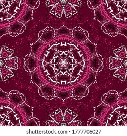 Seamless abstract pattern of pink white flowers on a burgundy background