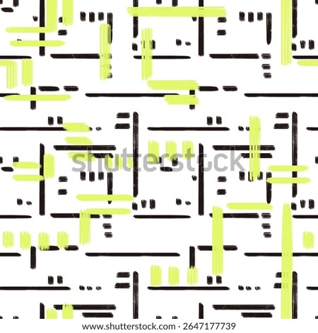 Seamless abstract pattern. Simple background with black, lime, white. Lines, grid, dots. Digital brush strokes. Design for textile fabrics, wrapping paper, background, wallpaper, cover.
