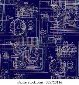 Seamless abstract pattern technology. Luminous electric circuit on a dark blue background. Rasterized version.