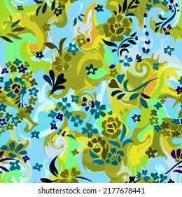 Seamless abstract swirl pattern. Brush strokes mixed with small meadow plants and flowers. Bright summer botanical ornament. Wavy spiral multicolored shapes. Intricate twisted geometric texture.