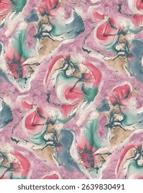 Seamless abstract textile pattern featuring fluid marble textures in pastel tones of pink, teal, beige, and blue. This hand-painted style print is ideal for fashion fabrics.