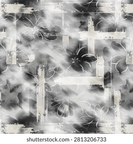 A seamless, abstract textile pattern featuring a monochromatic palette of black, white