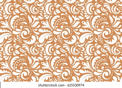 Seamless abstract tribal pattern in white and orange colors. Hand drawn ethnic texture, flight of imagination. Raster illustration.