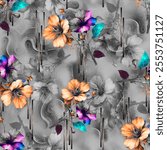 seamless abstract watercolor flowers with abstract Gary background texture 