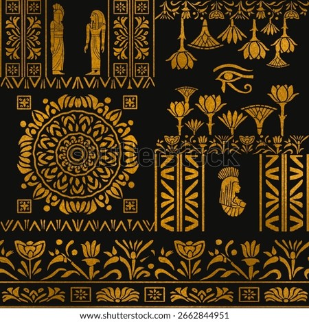 Seamless Ancient Egyptian Pattern in Gold on dark color, Pharaohs, Pyramids, and Mythological Symbols.  fabric and seamless pattern. No.17