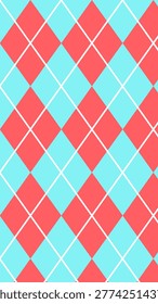 Seamless argyle pattern background with alternating coral red and turquoise blue diamonds separated by thin white lines for fashion textile design and graphic design projects