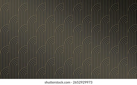 Seamless art deco pattern with elegant arch shapes and vertical lines. The background features a rich gradient from charcoal gray black, with thin golden beige beige brown lines for a luxurious effect