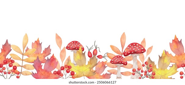 Seamless autumn leaf border with rowan berries, rose hips and mushrooms. Hand drawn botanical frame. Watercolor illustration. Banner for invitations, quotes, Thanksgiving decorations, agriculture. - Powered by Shutterstock