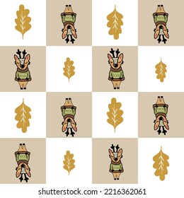 A Seamless Autumn Pattern With A Checkered Field, An Oak Leaf And A Cute Deer Character, A Funny Fall Season Background In White And Beige 