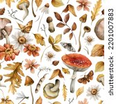 Seamless autumn pattern with watercolor moths, leaves and mushrooms in muted colors. Hand drawn watercolor for fabric, packaging, wallpaper and other design