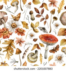 Seamless autumn pattern and watercolor moths  leaves   mushrooms in muted colors  Hand drawn watercolor for fabric  packaging  wallpaper   other design