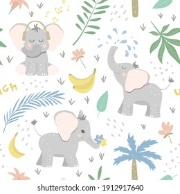 Seamless Baby Patter With Elephants In The Jungle. Happy Animals Among Leaves, Bananas And Flowers. Great For Baby Product Design