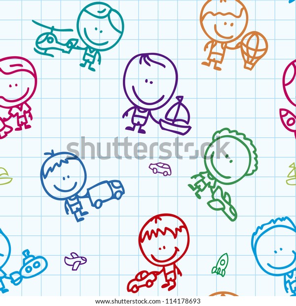 Seamless bacground of doodle happy children\
with transport toys on school paper\
texture