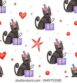 Seamless background with a black cat in a festive cap and gifts. Happy birthday. Hand drawn holiday illustration on isolated background
 - Powered by Shutterstock